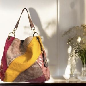 Fossil Women's Patchwork Multicolor Leather Hobo Purse Handbag.